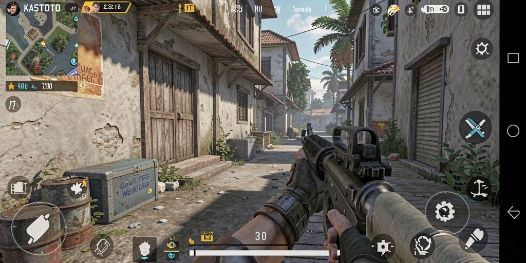 Screenshot utama KASTOTO menampilkan pertempuran seru dalam gameplay FPS.