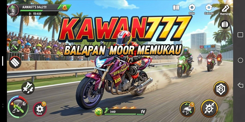 Screenshot gameplay KAWAN777 menunjukkan aksi balapan motor yang intens.