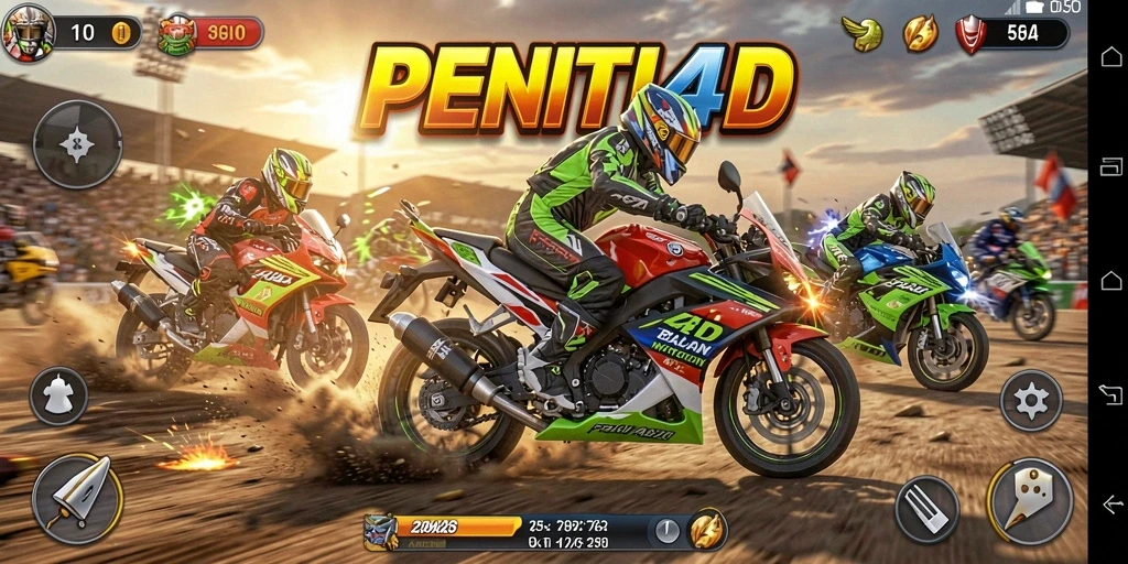 Tampilan gameplay PENITI4D dengan motor balap yang cepat dan lintasan berliku.